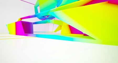 Abstract white and colored gradient  interior multilevel public space with window. 3D illustration and rendering.