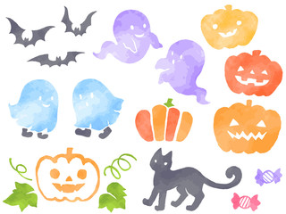 ハロウィンの水彩風イラストセット © Nora Hachio