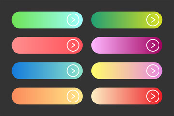 Vector set of modern gradient app or game buttons. User interface web button with arrows. Different colors of main shapes and icons 