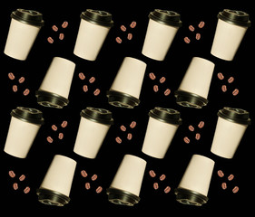 Coffee to go with beans, regular pattern made of photography. Kraft paper cups with black lids....