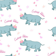 adorable baby rhino with stars and hearts background, seamless pattern, cute cartoon animal, editable vector illustration