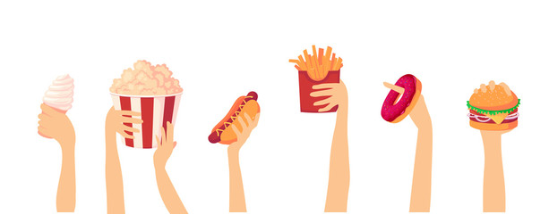 Street food festival. vector illustration isolated in white. hands hold fast food and raise it up
