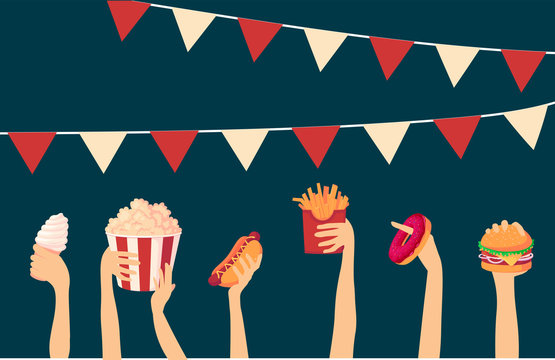Street food festival. vector illustration high quality hands hold fast food and raise it up