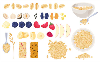 Realistic muesli on transparent background set with isolated images of cereals spreading and bars with text vector illustration fruits