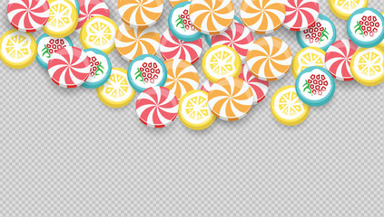 Fototapeta premium Bright background with colorful candies. Top view with space for your greetings