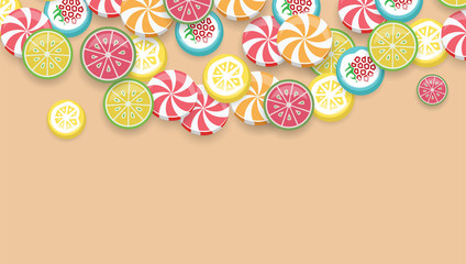 Bright background with colorful candies. Top view with space for your greetings