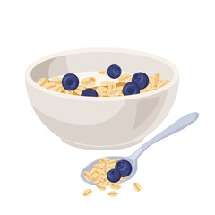 Vector illustration. Cereal bowl with milk and muesli, smoothie isolated on white background. Concept of healthy and wholesome breakfast. fruits