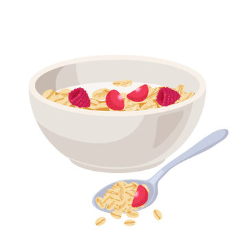 Vector illustration. Cereal bowl with milk and muesli, smoothie isolated on white background. Concept of healthy and wholesome breakfast. fruits