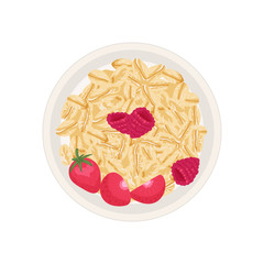 Vector illustration. Cereal bowl with milk and muesli, smoothie isolated on white background. Concept of healthy and wholesome breakfast.fruits