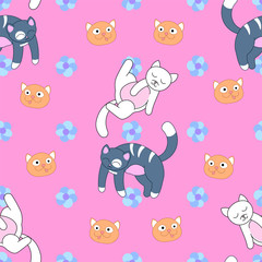 cute adorable cats lay and play on pink background with flowers seamless pattern, perfect for kids apparel, fabric, textile, nursery decoration, wrapping paper, editable vector illustration