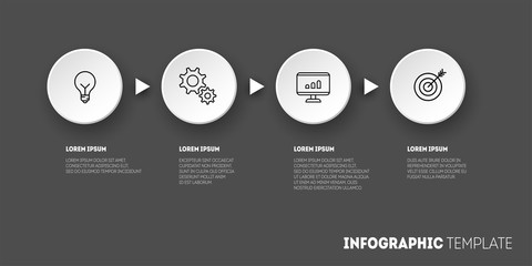 Dark modern infographic design template. 4 circular white elements with icons connected by arrows. 