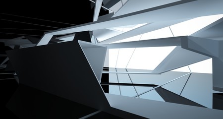 Abstract white and black interior multilevel public space with window. 3D illustration and rendering.