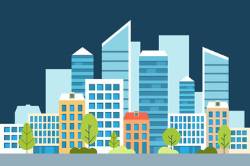 Urban landscape with large and little buildings and trees and bushes. Concept website template in flat style