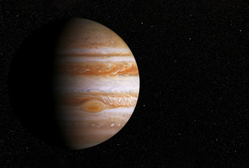 Planet Jupiter, with a big spot, on a dark background,copyspace. Elements of this image were...
