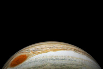 Planet Jupiter, with a big spot, on a dark background,copyspace. Elements of this image were...