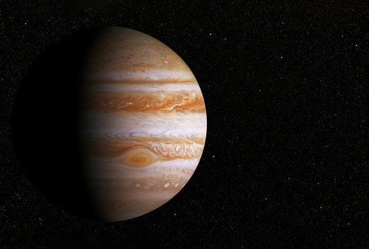 Planet Jupiter, with a big spot, on a dark background,copyspace. Elements of this image were furnished by NASA