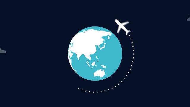 World tour, travel, vacation, journey all around the world,  flaying plane concept. Animated video clip.