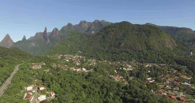 Great road straight. Only one way. Exotic Mountains, Wonderful Mountains. Mountain of the Finger of God. city of Teresopolis, state of Rio de Janeiro, Brazil, South America. 