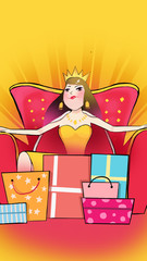 Goddess Day, Goddess, Shopping, E-Commerce, Shopping Bags, Cutting Hands, Queen, Atmosphere, Kingdom, Throne, Consumption, Buy, Gift Box, Gift, Shopping, Women's Day, Women, Gift Bags, Illustrations,