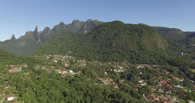 Wonderful landscape, exotic mountains and mountain town. Mountain of the Finger of God, city of Teresopolis, state of Rio de Janeiro, Brazil, South America.  