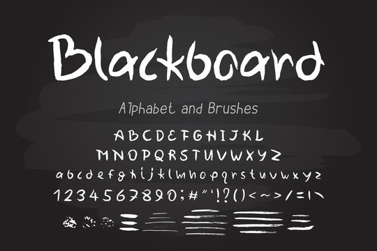 White chalk vector alphabet and brushes. Hand drawn English uppercase and lowercase letters, numbers, punctuation marks. Lettering typeface and brush strokes, blackboard background, for grunge design