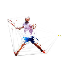 Tennis player forehand shot, isolated low polygonal vector illustration. Tennis smash, geometris drawing - obrazy, fototapety, plakaty