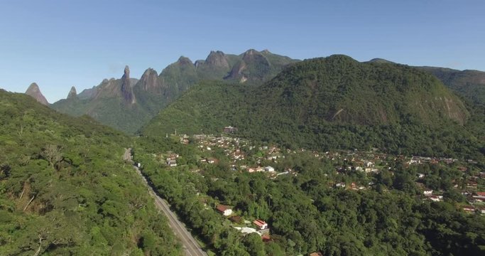 Great road straight. Only one way. Exotic Mountains, Wonderful Mountains. Mountain of the Finger of God. city of Teresopolis, state of Rio de Janeiro, Brazil, South America. 