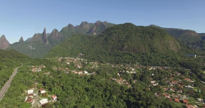 Great road straight. Only one way. Exotic Mountains, Wonderful Mountains. Mountain of the Finger of God. city of Teresopolis, state of Rio de Janeiro, Brazil, South America. 