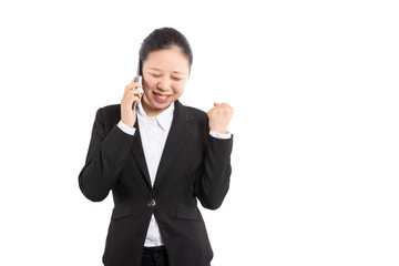 Young Business woman happy speaking mobile phone isolated on white background, model is a asian beauty