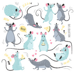 Cartoon rats collection. Vector illustration of funny rats in various poses and actions. Isolated on white.