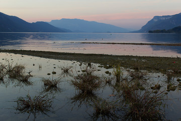 beautiful panorama view of sunset lake mountain coast