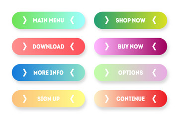 Vector set of modern gradient app or game buttons. User interface web button with arrows.