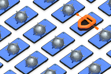 Solution for business of mobile Internet security. Group of phones with sea bombs (naval mines) on screens and one with orange rubber boat is different. Isometric pattern illustration. 3d rendering.