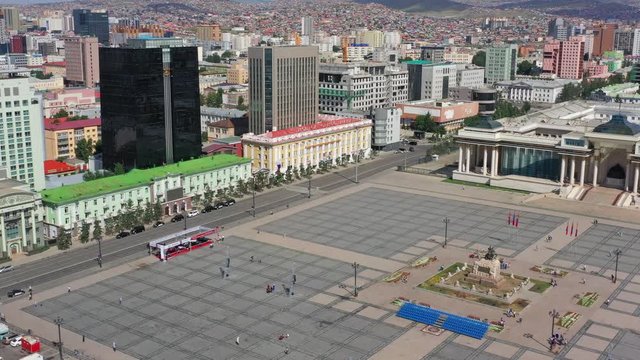 Aerial panorama view of Sukhbaatar Square in center of Ulaanbaatar city, capital of Mongolia, 4k