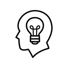 Head with light bulb in it, idea born in the head flat icon symbol, simple black and white creative vector art of an imagination concept. Editable stroke cartoon, isolated.