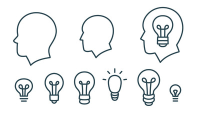 Set of head and light bulbs symbols, collection of idea icons, simple flat outline vector art logo design.Concept of imagination, creativity, inspiration, solutions. Editable stroke cartoon, isolated