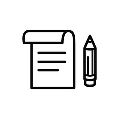 Notes and pencil icon cartoon, simple black and white line art, editable stroke. Sketch on piece of paper, taking notes, blueprints concept. Back to school vector drawing