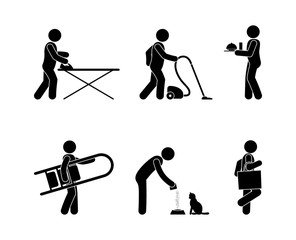 housework icon set, stick figure pictograms, people do household chores, cleaning and caring for pets, isolated human silhouettes