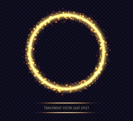 Glowing golden circular frame with light effects. Shining round isolated on transparent background.