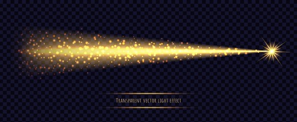Gold stardust light trail with shining star isolated on transparent background. Comet with glowing magic particles. © Likanaris