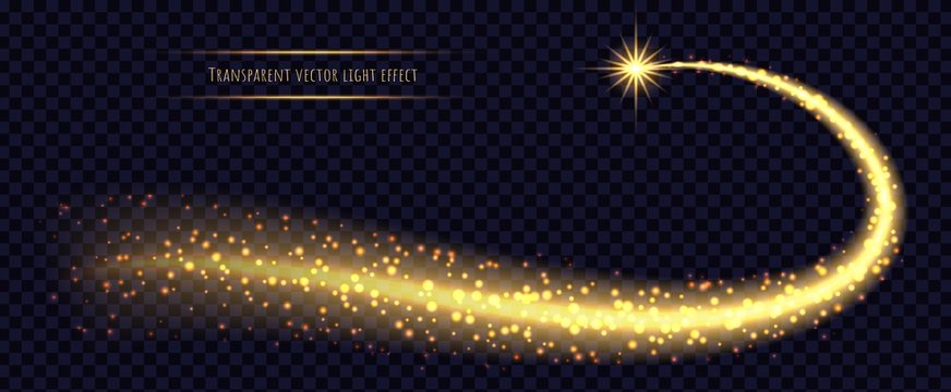 Gold stardust light trail with shining star isolated on transparent background. Comet with glowing magic particles.