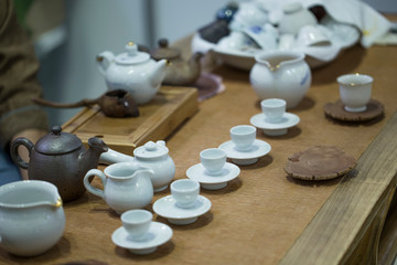 Fototapeta na wymiar Asian tea set a wooden table