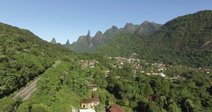 Great road straight. Only one way. Exotic Mountains, Wonderful Mountains. Mountain of the Finger of God. city of Teresopolis, state of Rio de Janeiro, Brazil, South America. 