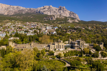 Vorontsov Palace or the Alupka Palace, Crimea. Aerial drone shot