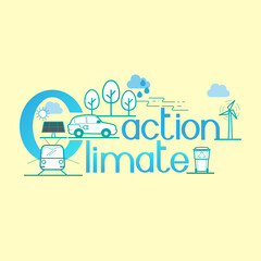 Fototapeta na wymiar Climate action typographic design. Climate change solutions pictorial symbol. Vector illustration outline flat design style.