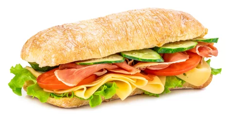 Foto auf Acrylglas Snack Ciabatta-Sandwich mit Salat, Tomaten, Schinken und Käse isoliert auf weißem Hintergrund