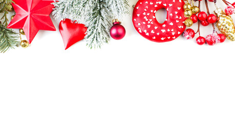 Colorful Christmas border on white. Perfect winter season holiday composition with copy space