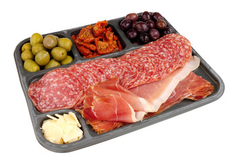 Tray selection of Italian antipasti with plump olives, sweet tomatoes, smoky and garlic infused meats and tangy cheese isolated on a white background