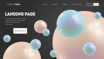 3d abstract bubble shapes flying above surface. Landing page template for websites, or apps