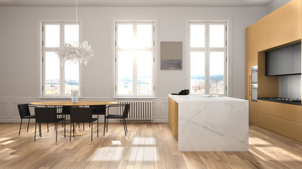 Minimalist orange and black kitchen in classic room with moldings, parquet floor, dining table with chairs, marble island and panoramic windows. Modern architecture interior design